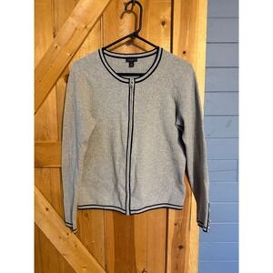 Ann Taylor Factory Gray Zip Up Cardigan Sweater Navy Trim Pearl Buttons Womens M